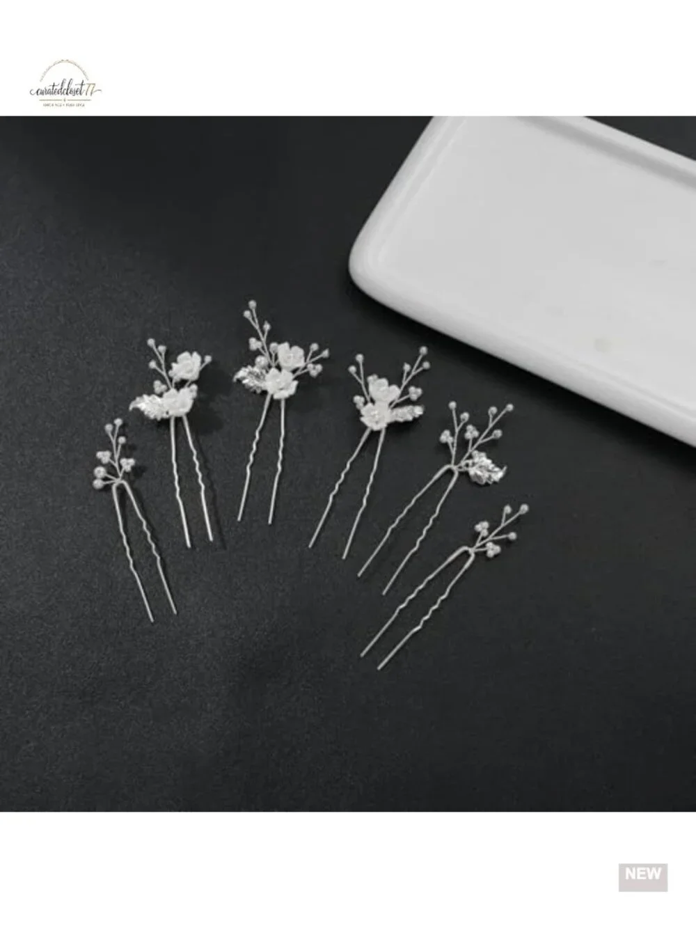 Handmade Pearl Bridal Wedding Hair Pins 6Pcs White Ceramic Flowers Gold Leaf
